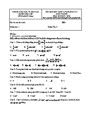 Đề khảo sát chất lượng học kỳ I môn Toán Lớp 8 - Năm học 2019-2020 - Phòng giáo dục và đào tạo huyện Hậu Lộc (Có đáp án)